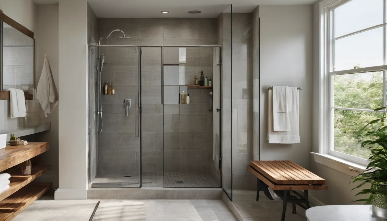 Bright, tidy bathroom with a low-threshold walk-in shower, bench and grab bar in a home in Marlborough